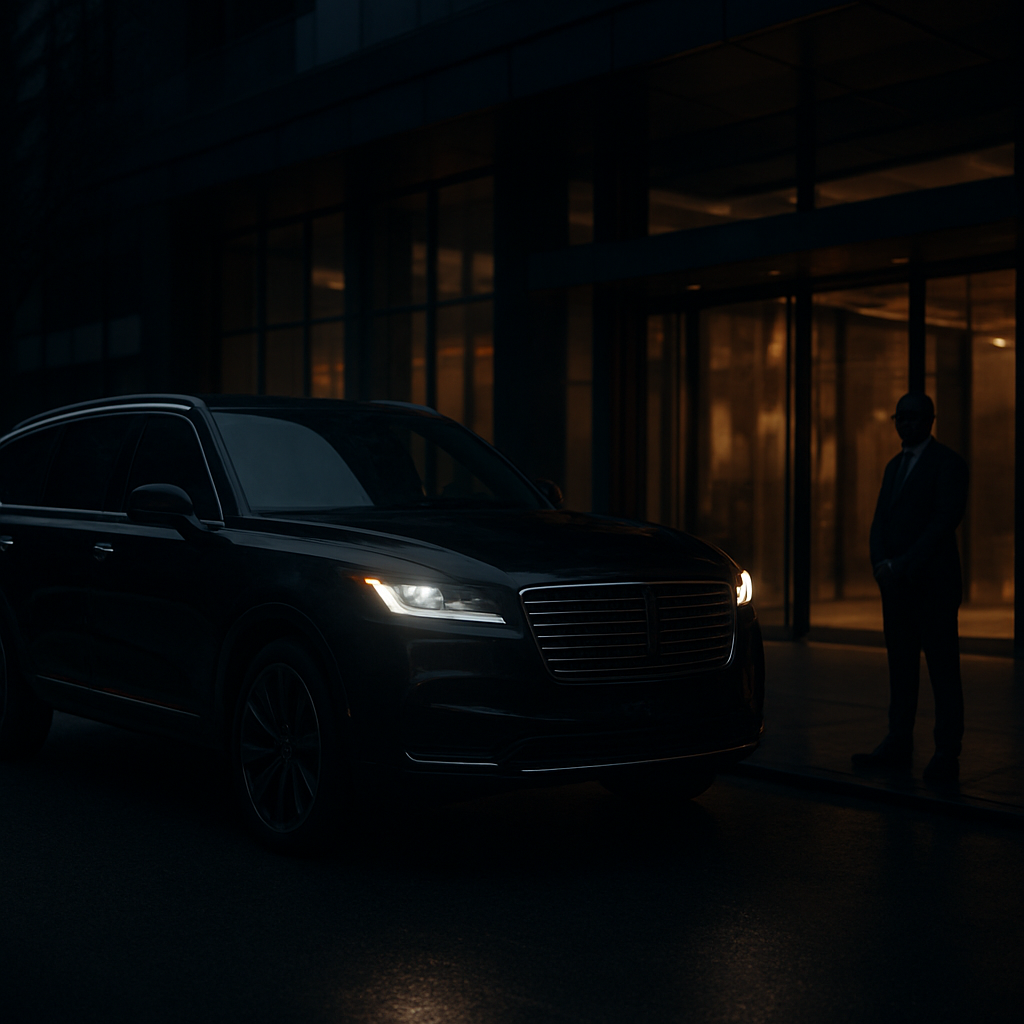 A protective detail and executive vehicle arriving at a corporate headquarters at dusk