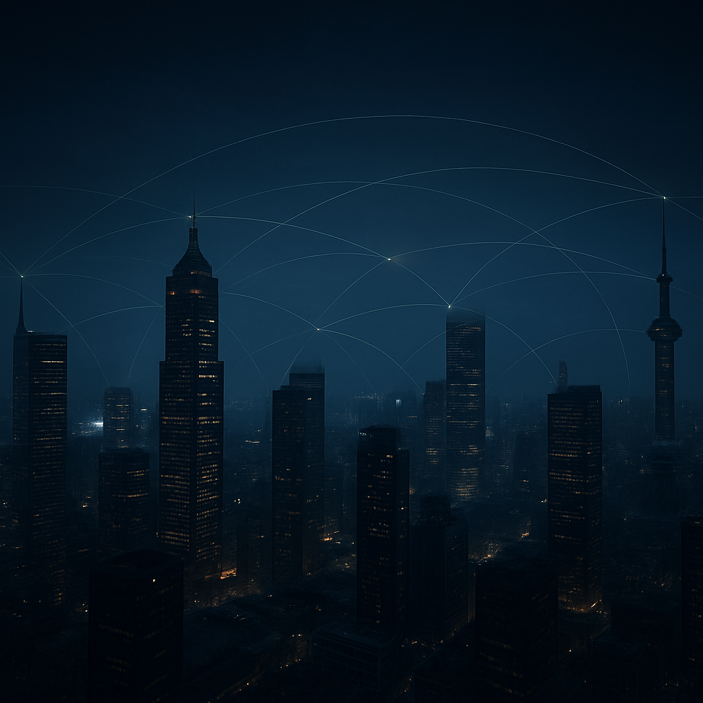 A global city skyline at night connected by a subtle secure network