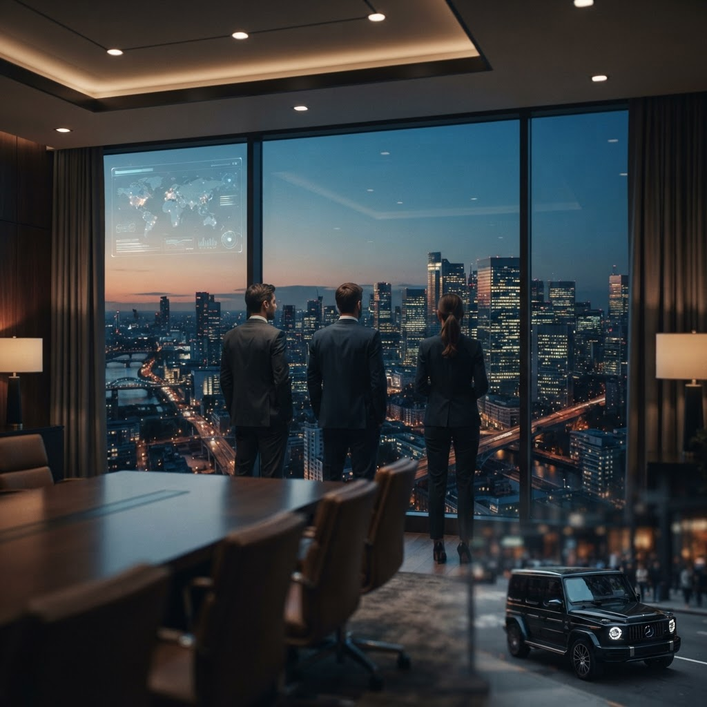 A modern corporate headquarters tower at dusk with a lit top-floor boardroom.