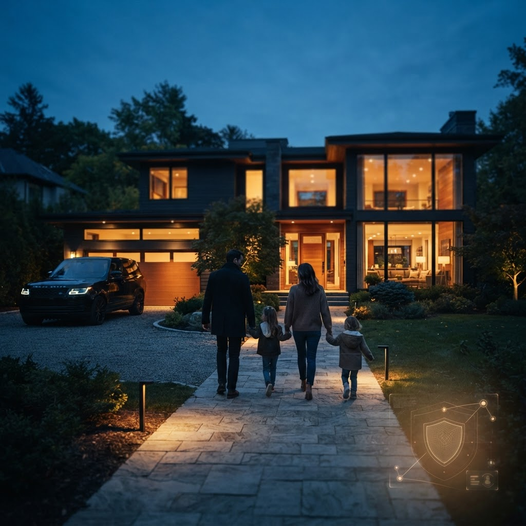 A stately private family residence at dusk with warm glowing interior lights.