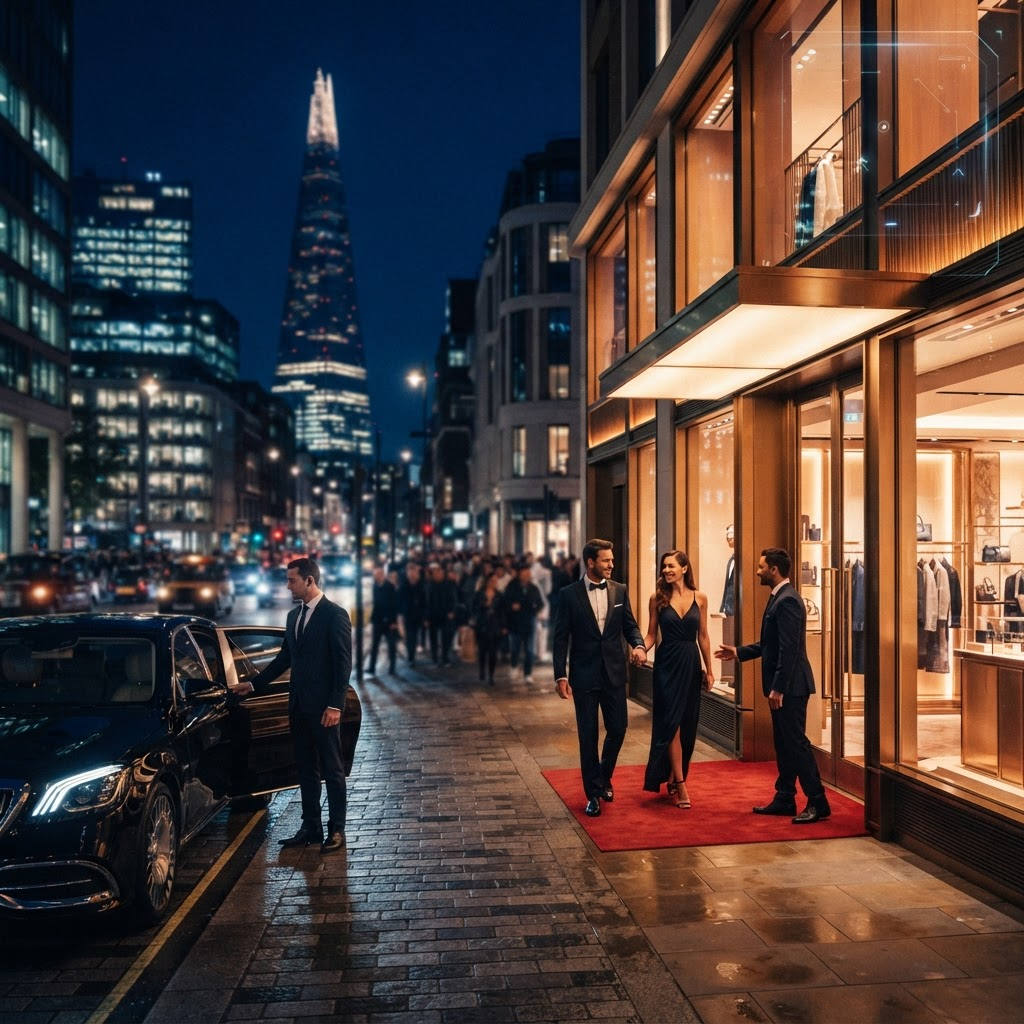 A luxury flagship boutique at dusk with a black sedan at the curb and a discreet protector near the entrance.