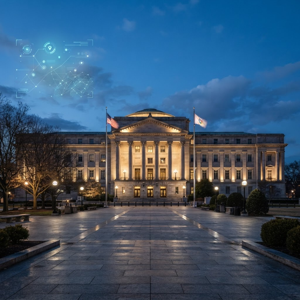 A dignified civic government building with columns at blue-hour dusk.