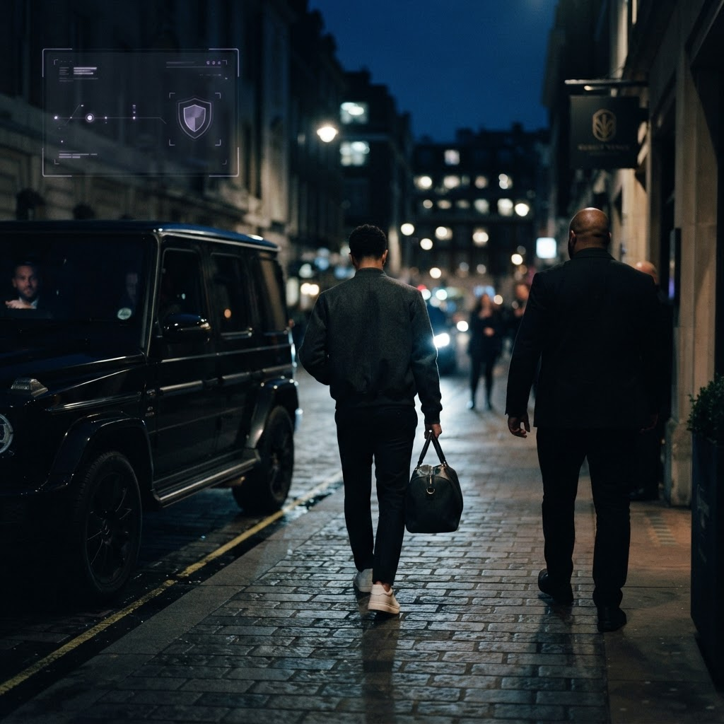 A luxury private residence at dusk with a car in the driveway, evoking an athlete's home life.