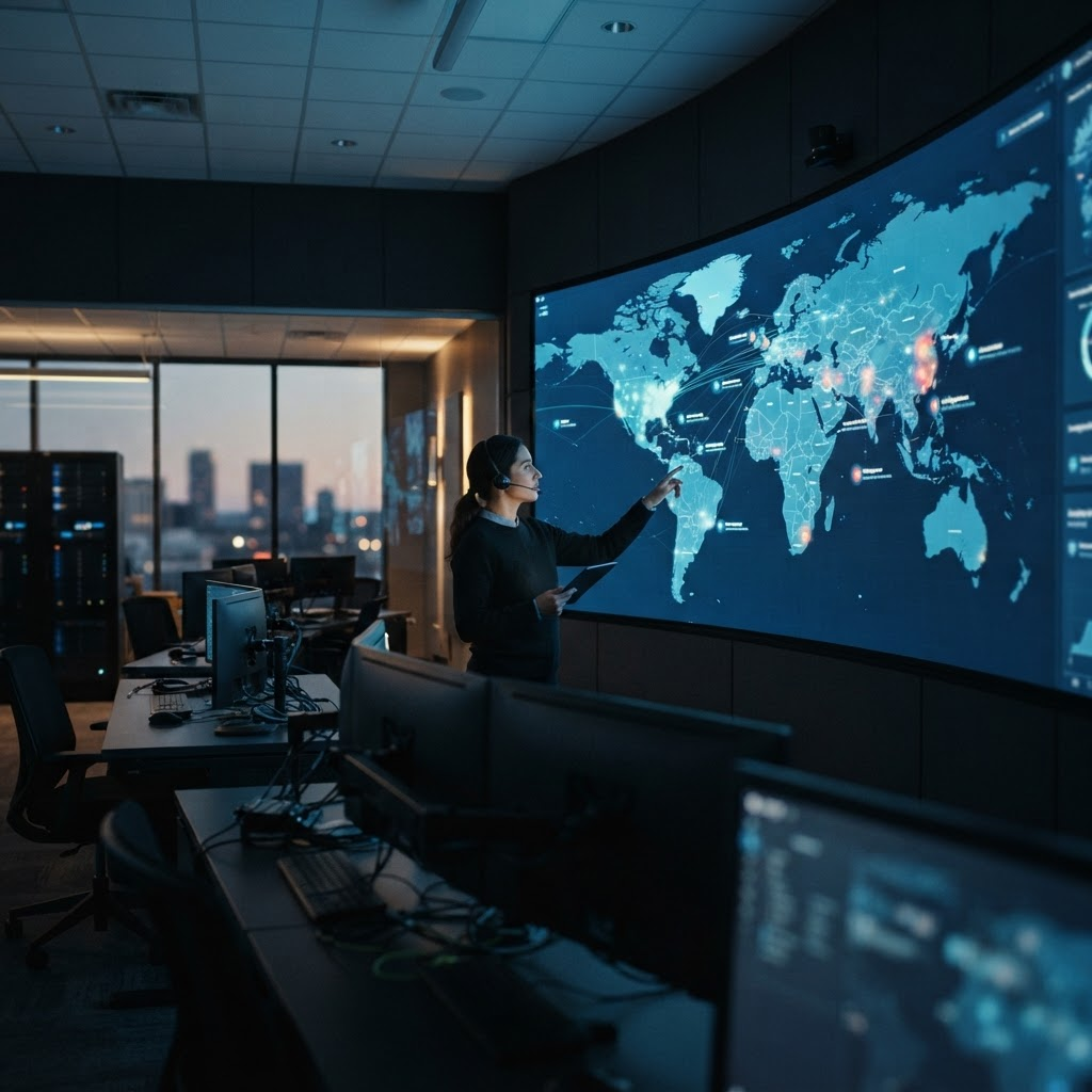 An analyst reviewing an AI-assisted intelligence picture on a large operations display.