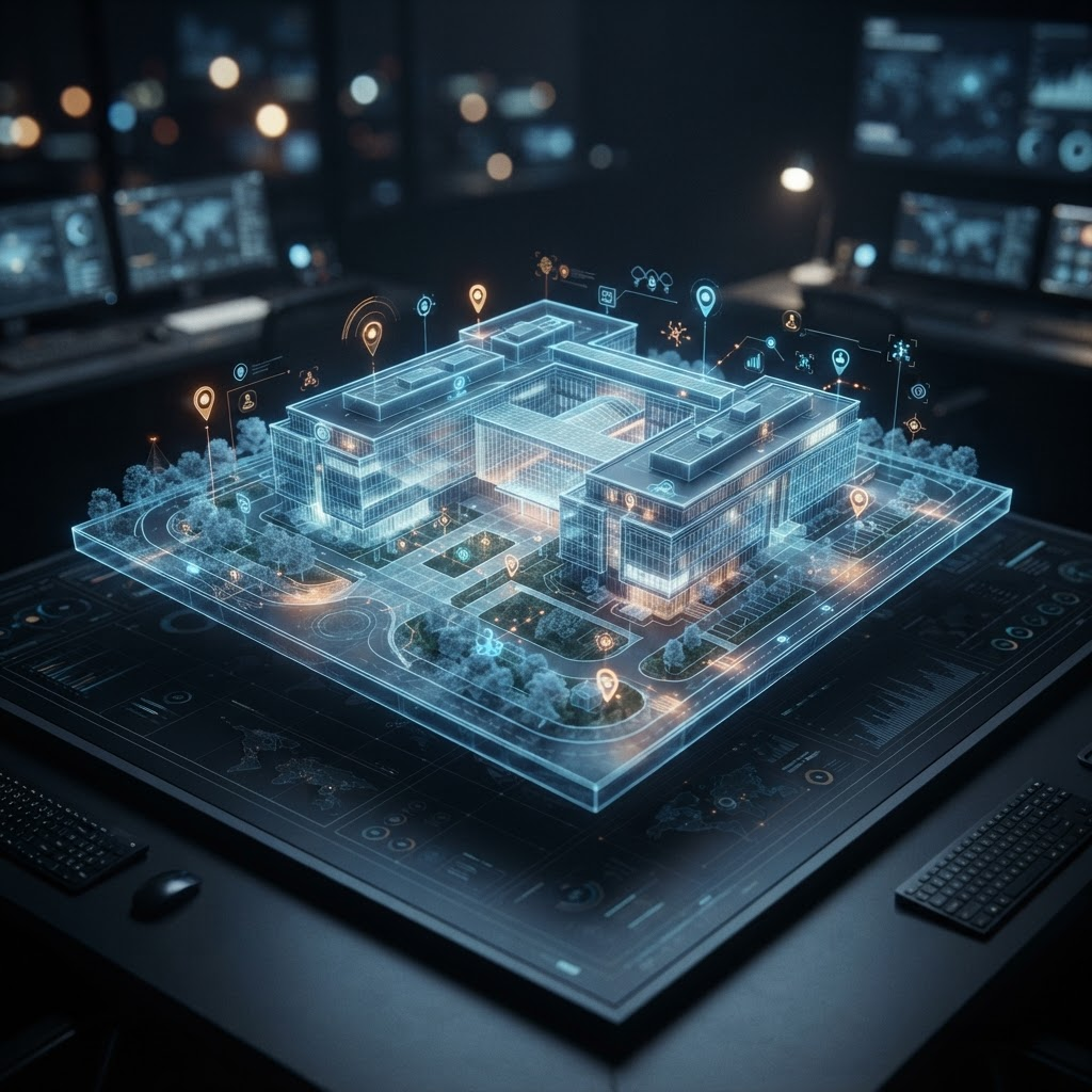 A digital twin operational model of a protected site shown on a command display.