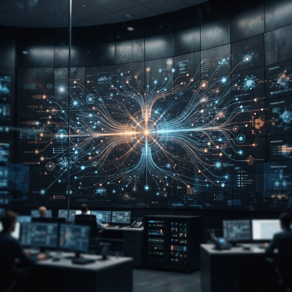 A systems architecture diagram of connected enterprise platforms on a display wall.
