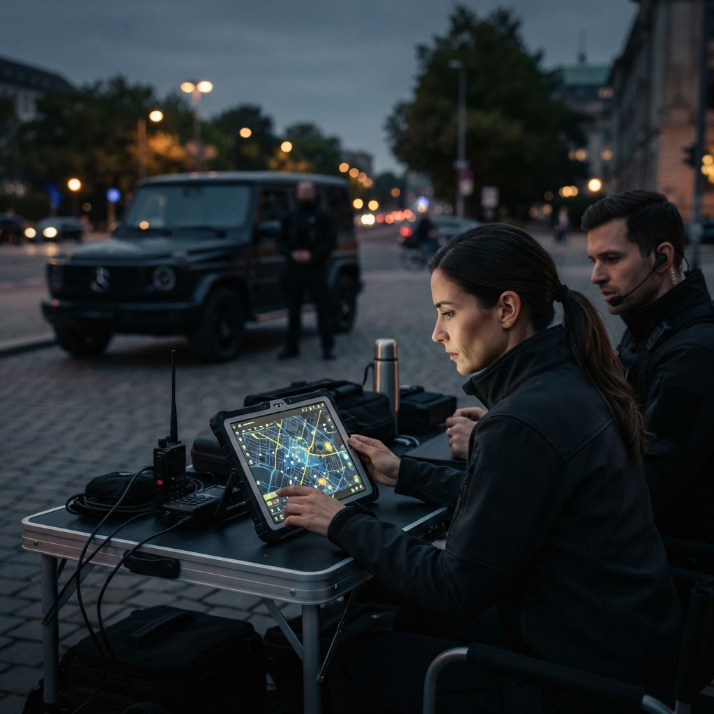 A protective detail coordinating a live mission from a mobile command position.
