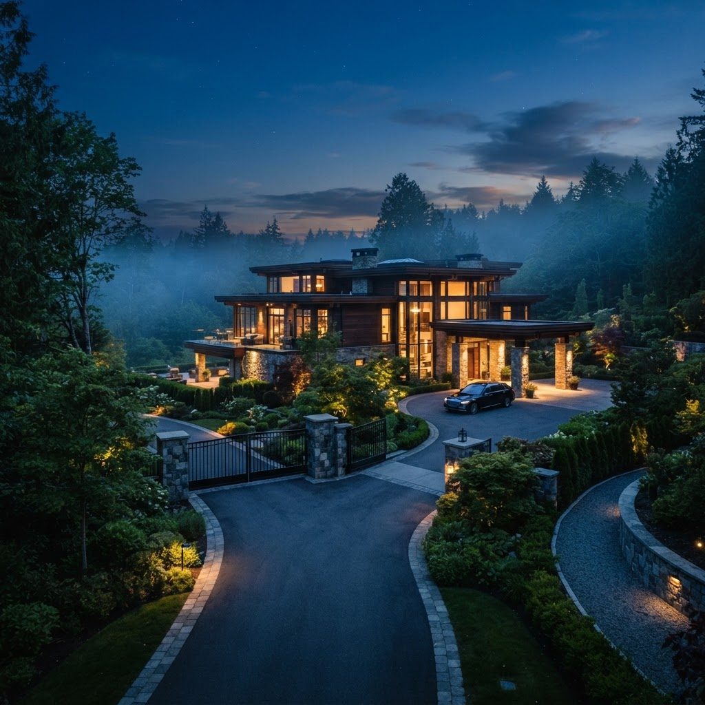 A discreet protector at the entrance of a private estate at dusk, calm and elegant, with warm interior lighting