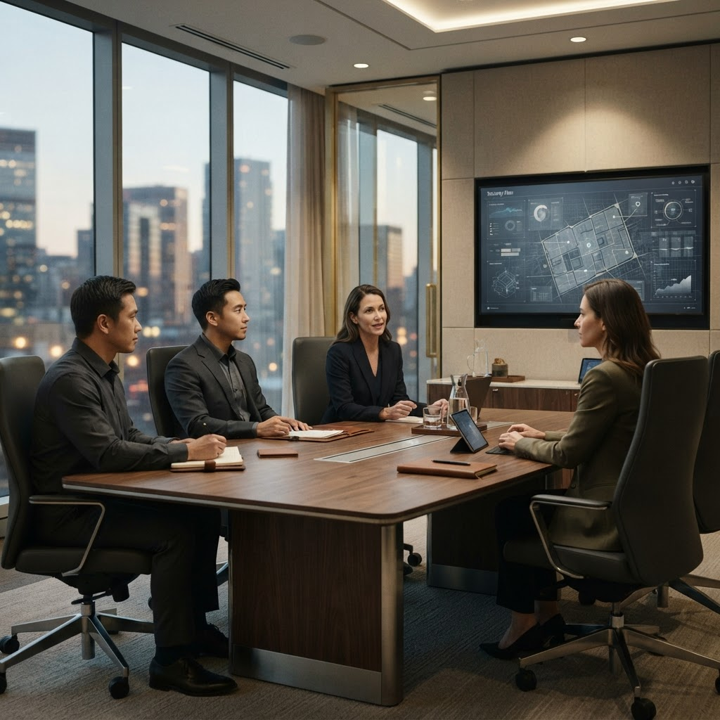 A calm, professional threat-assessment team meeting in a modern corporate conference room at dusk