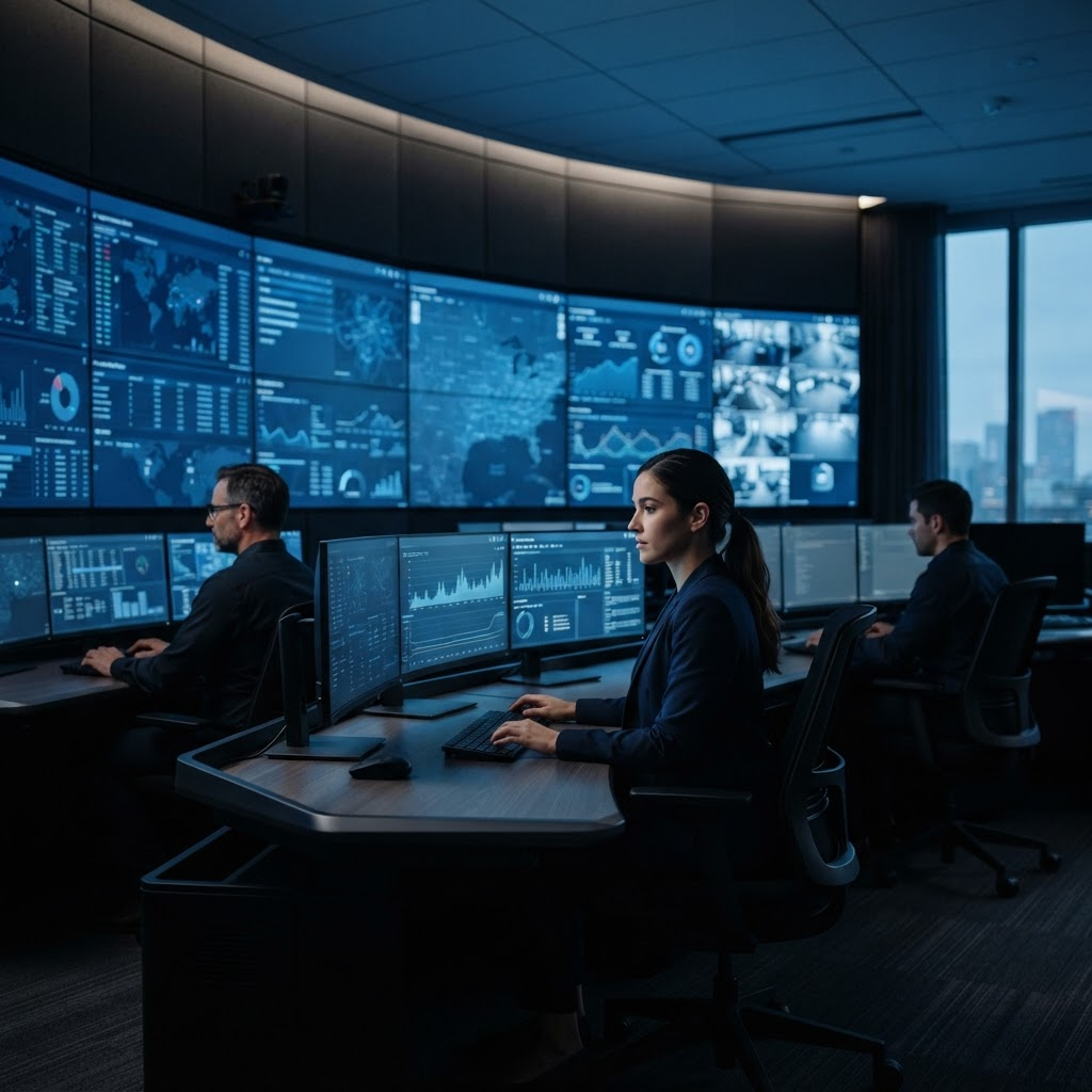 A calm, modern corporate security operations center at dusk with analysts monitoring a wall of live operational displays