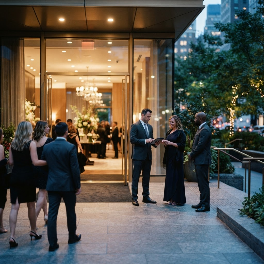 A calm, well-run event venue entrance at dusk with discreet professional security coordinating access