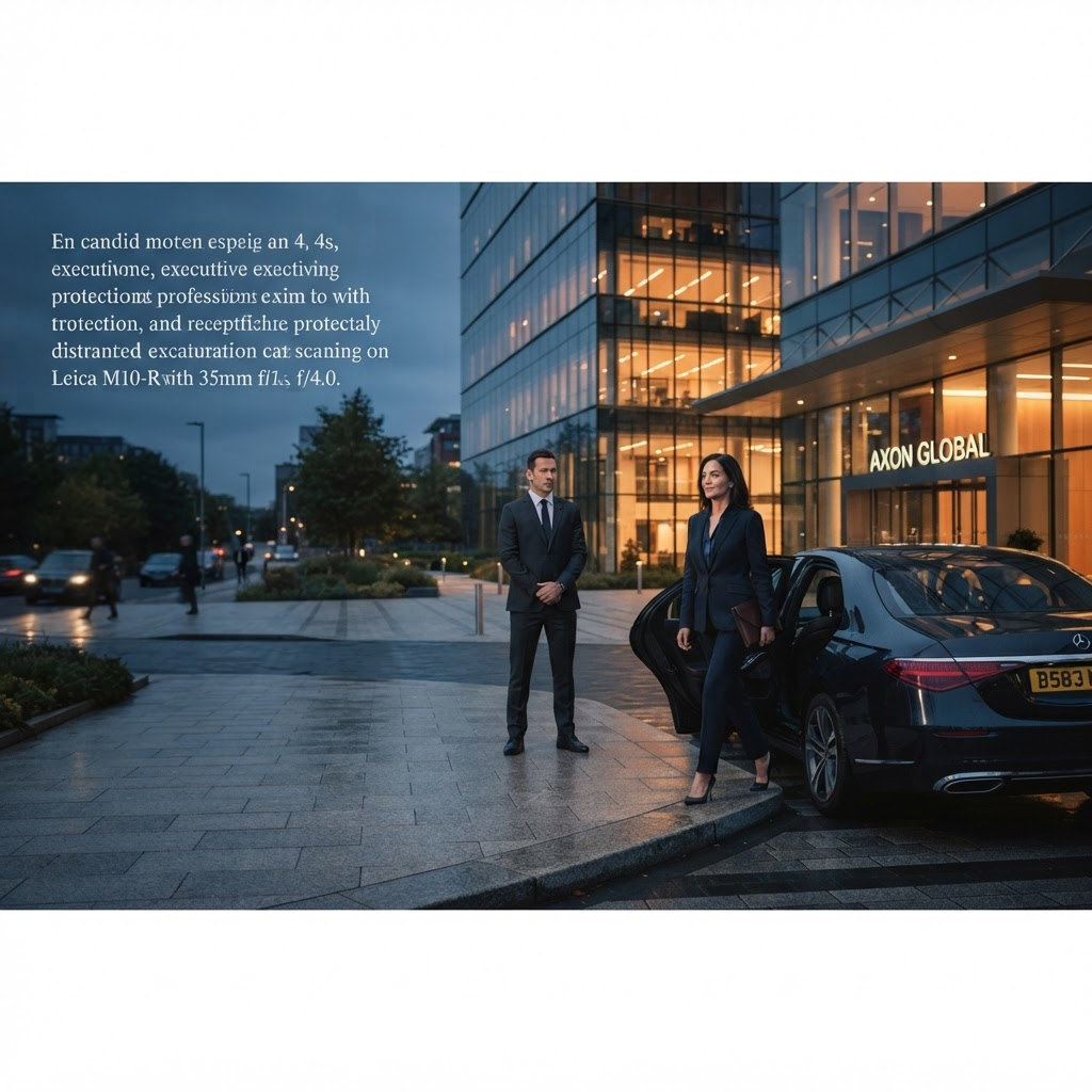 A composed executive stepping from a vehicle at a modern headquarters at dusk, accompanied by a discreet protection professional