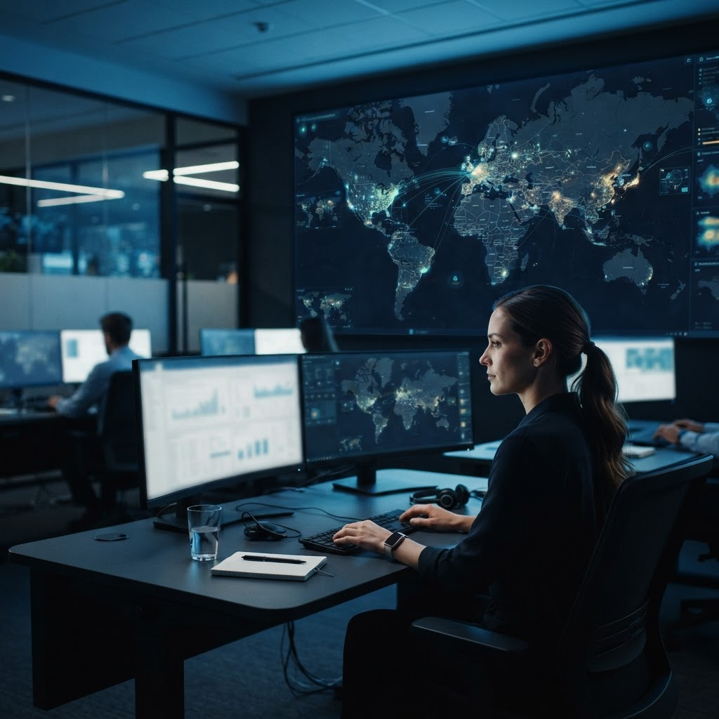 A sophisticated global intelligence operations view at dusk, with a world map and correlated signal overlays on a large display