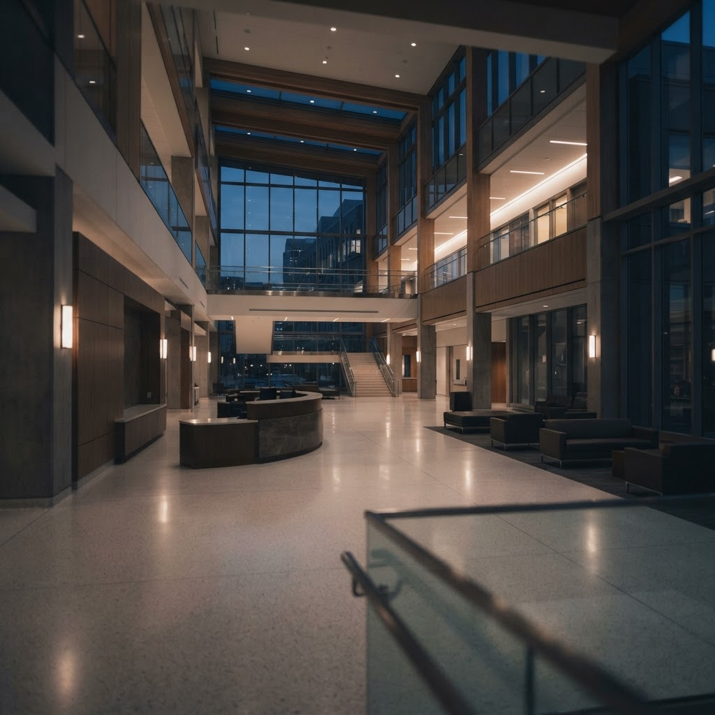A calm, modern hospital atrium at dusk with soft warm lighting.