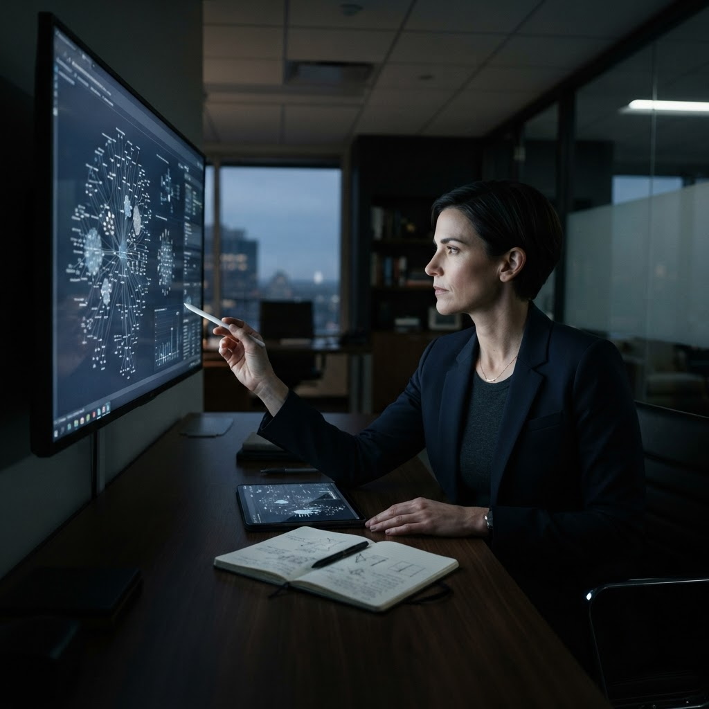 A focused investigator reviewing case materials and linked evidence on a large display in a discreet modern office at dusk