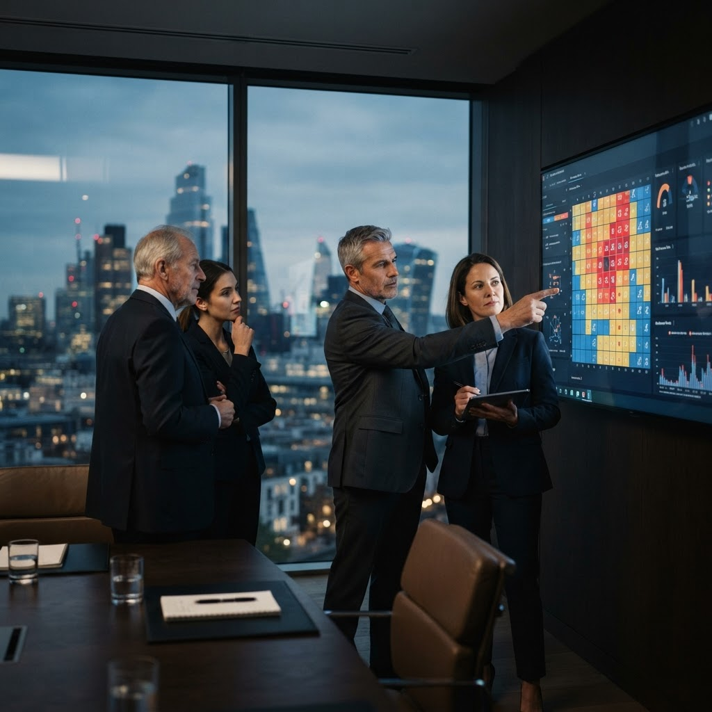 Senior advisors and an executive reviewing an enterprise risk picture on a large display in a calm modern boardroom at dusk