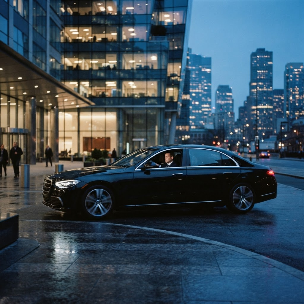 A professional executive vehicle pulling away from a modern building at dusk, with a composed security-trained driver at the wheel