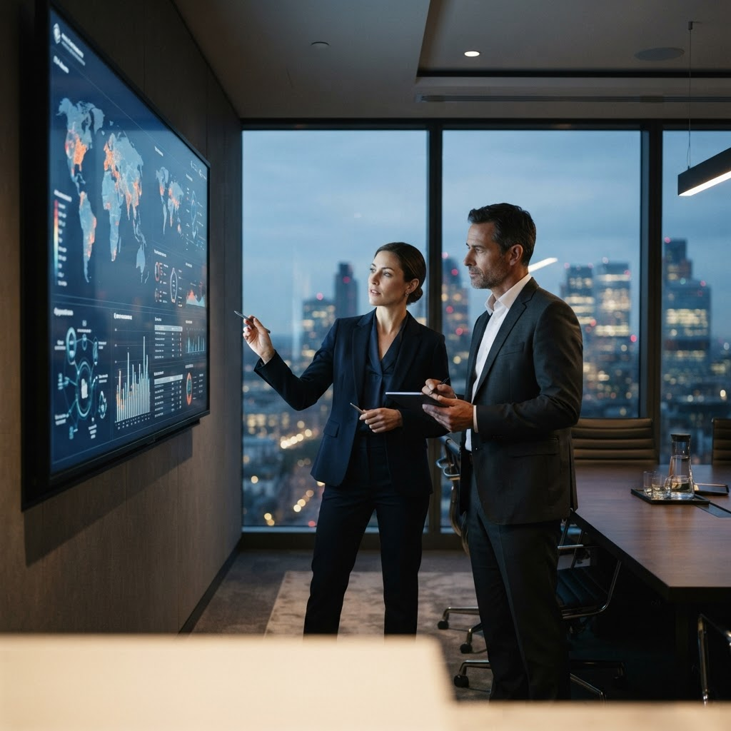 Two security advisors reviewing a risk assessment on a large display in a modern boardroom, with a city skyline beyond the windows