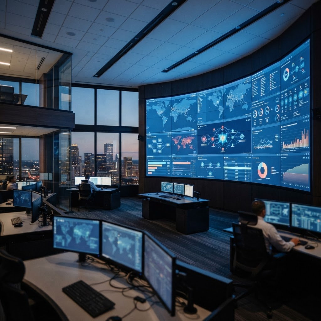 A modern enterprise security operations environment with a wall of live operational displays