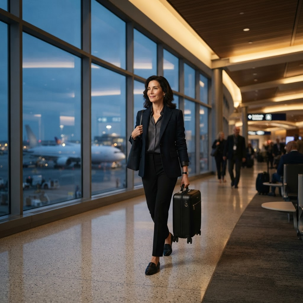 A composed executive traveler moving through a modern airport terminal at dusk, with a calm, premium atmosphere